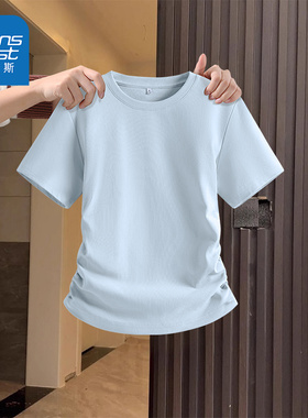 真维斯蓝色正肩短款短袖女t恤2025新款夏季修身夏日漂亮小上衣W
