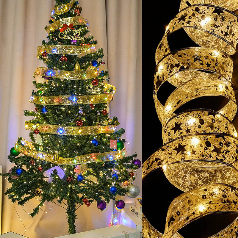 圣诞树装饰丝带LED灯串圣诞配饰缎带灯圣诞节装饰品烫金双层彩带