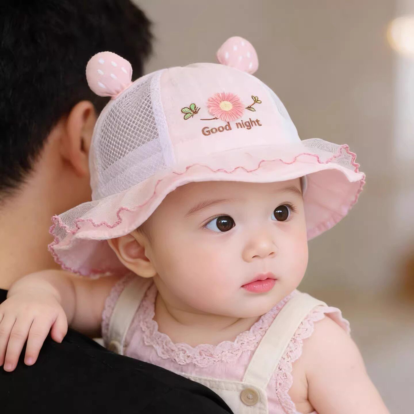宝宝帽子夏季薄款遮阳防晒渔夫帽女婴儿小月龄太阳花透气网眼盆帽
