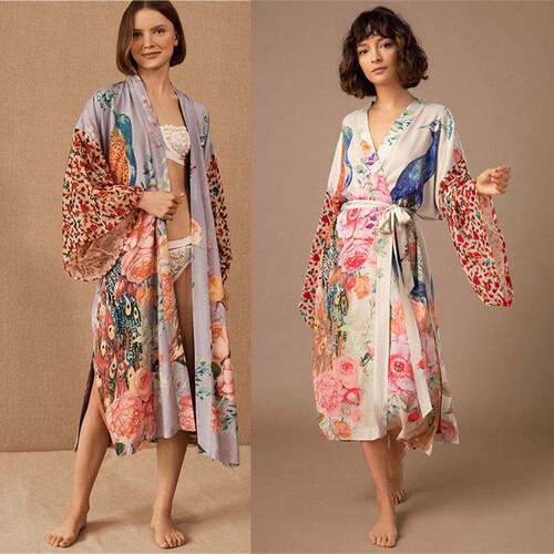 Women's Peacock Print Kimono Sleeve Cover Up Dress, Casual F