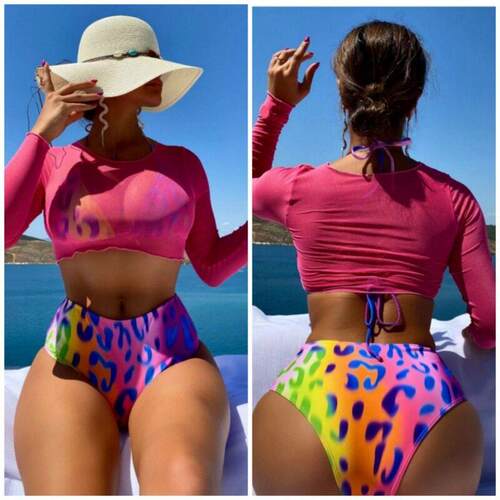 Three-Piece Set Womens All Over Print Tie Back Bikinis For