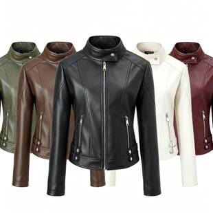 1pc Women'S Faux Leather Jacket, Sexy Stand Collar Zip-Up Mo