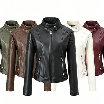 1pc Women'S Faux Leather Jacket, Sexy Stand Collar Zip-Up Mo