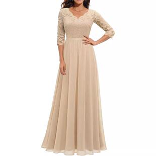 Women's Long Evening Dress, Solid Color Lace Patchwork Backl