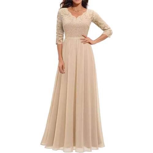 Women's Long Evening Dress, Solid Color Lace Patchwork Backl
