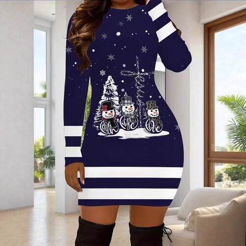 Women's Vintage Geometric Print Casual Long Sleeve Dress,