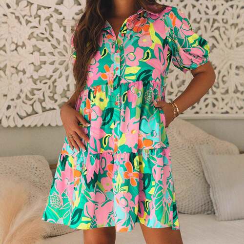 Women's Chic Floral Short Sleeve Babydoll Dress - Easter Puf