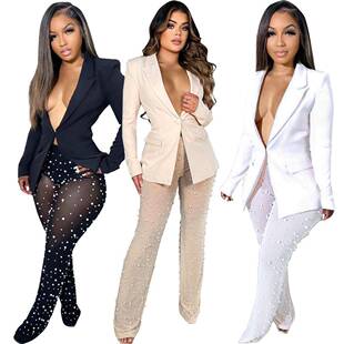 Two-piece Set Women's Plain Lapel Neck Blazer & Sheer Contra