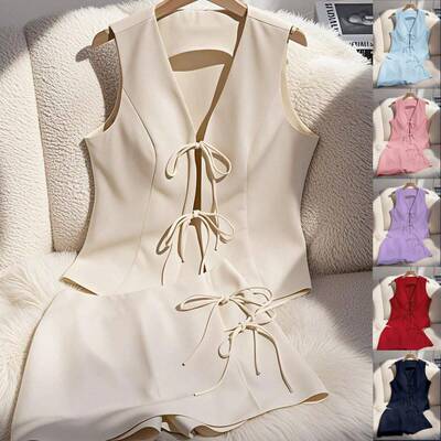 Elegant Commuter Casual Belted Vest Top + Design Short Skirt