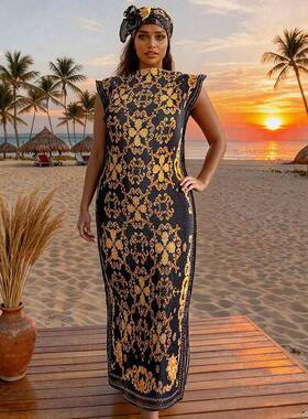 Women's Leopard Print Set, Casual Slim Fit Long Dress &