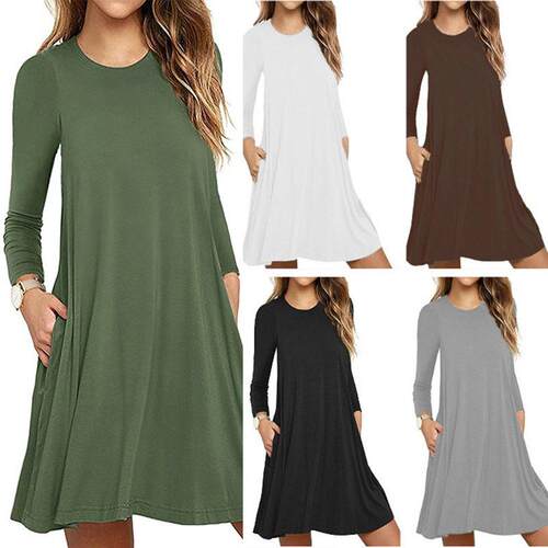 Women's Round Neck 3/4-Sleeve A-Line Casual T-Shirt Dress wi