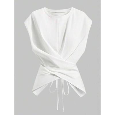 Women'S Knitted Round Neck Drop Shoulder Sleeve T-Shirt,