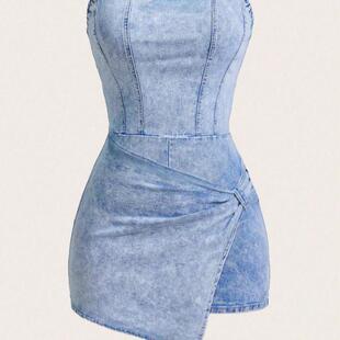 Women's Halter Waist Denim Skirt Pants, Asymmetrical Wrap Mi