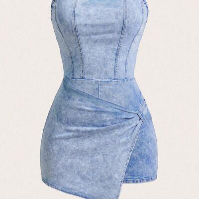 Women's Halter Waist Denim Skirt Pants, Asymmetrical Wrap Mi