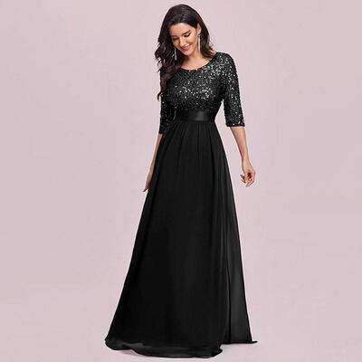 Elegant Sequin Evening Dress With Round Neckline & Long