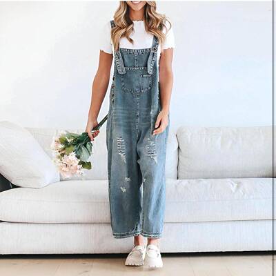 Womens Denim Overalls Casual Jumpsuits Loose Fit Adjustable