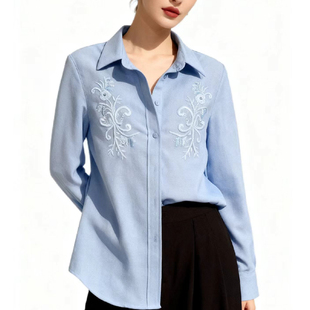法式刺绣衬衫女长袖翻领蓝色时尚通勤穿搭2026早春天丝亚麻上衣