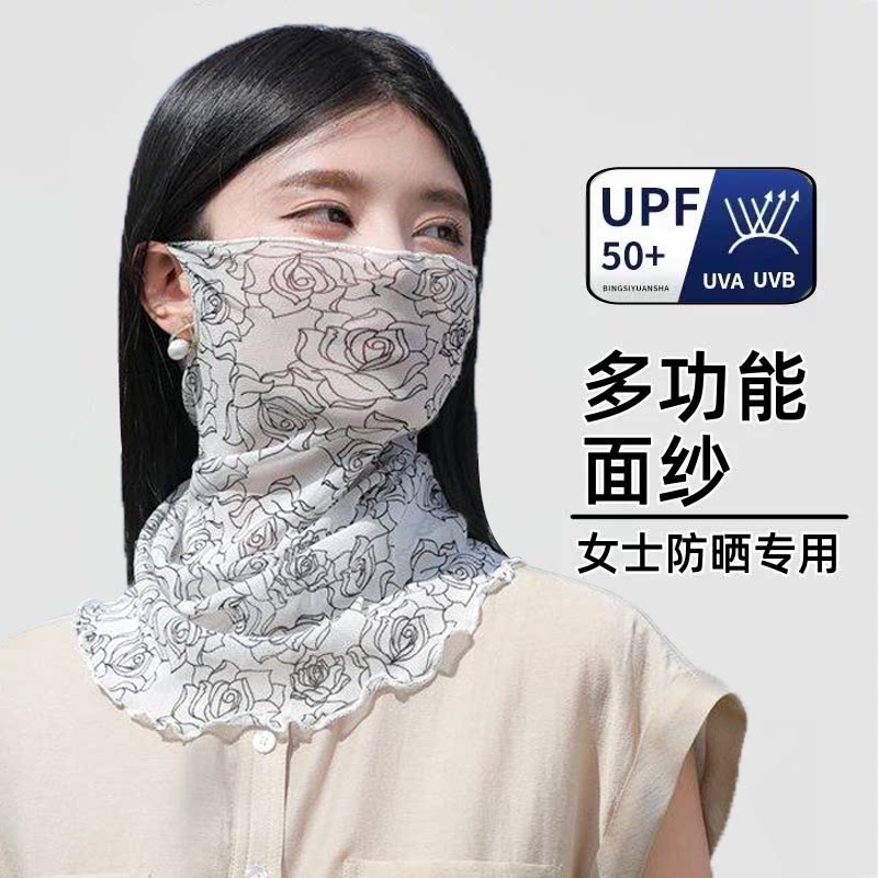 防晒面罩女夏季薄款冰丝面纱防紫外线遮阳全脸挂耳多功能女士专用
