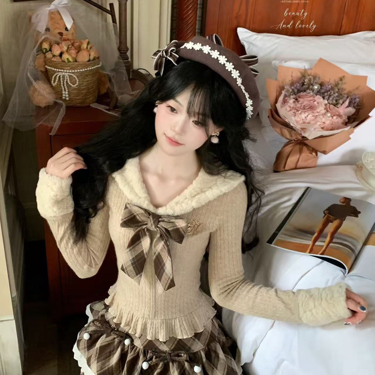 日系可爱复古格纹花边蓬蓬半裙少女感