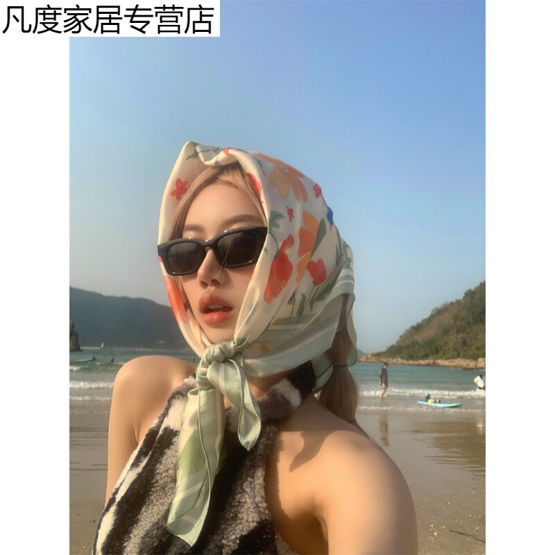 夏季沙漠旅游拍照花朵小方巾70cm丝巾发带女包头防晒绑发头巾绑包