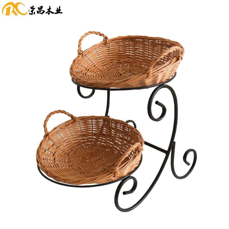新品热卖面包篮糕点筐二层斜架柳编道具摆件口装饰烘焙托盘