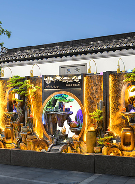 大型假山水幕墙流水屏风隔断摆件会所酒店景观装饰庭院茶楼背景墙