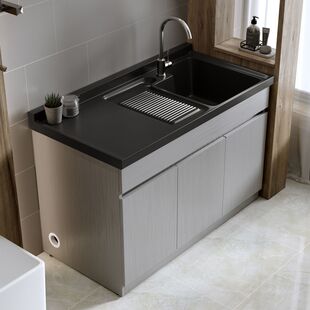 不锈钢阳台洗衣柜石英石盆洗衣台洗手盆带搓板落地柜可定制洗衣柜