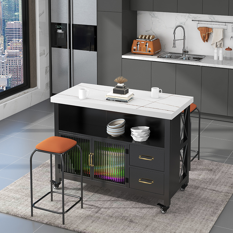 厨房餐边桌岩板料理台中岛台收纳置物桌操作台铁艺家用简约备餐桌