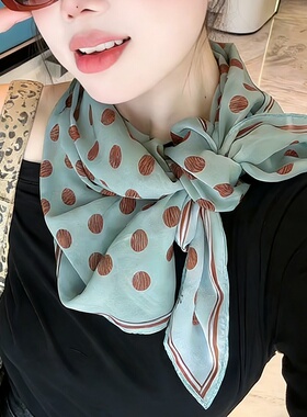 复古法式波点长条丝巾女2026新款绿色系脖围巾高级感装饰护颈围脖