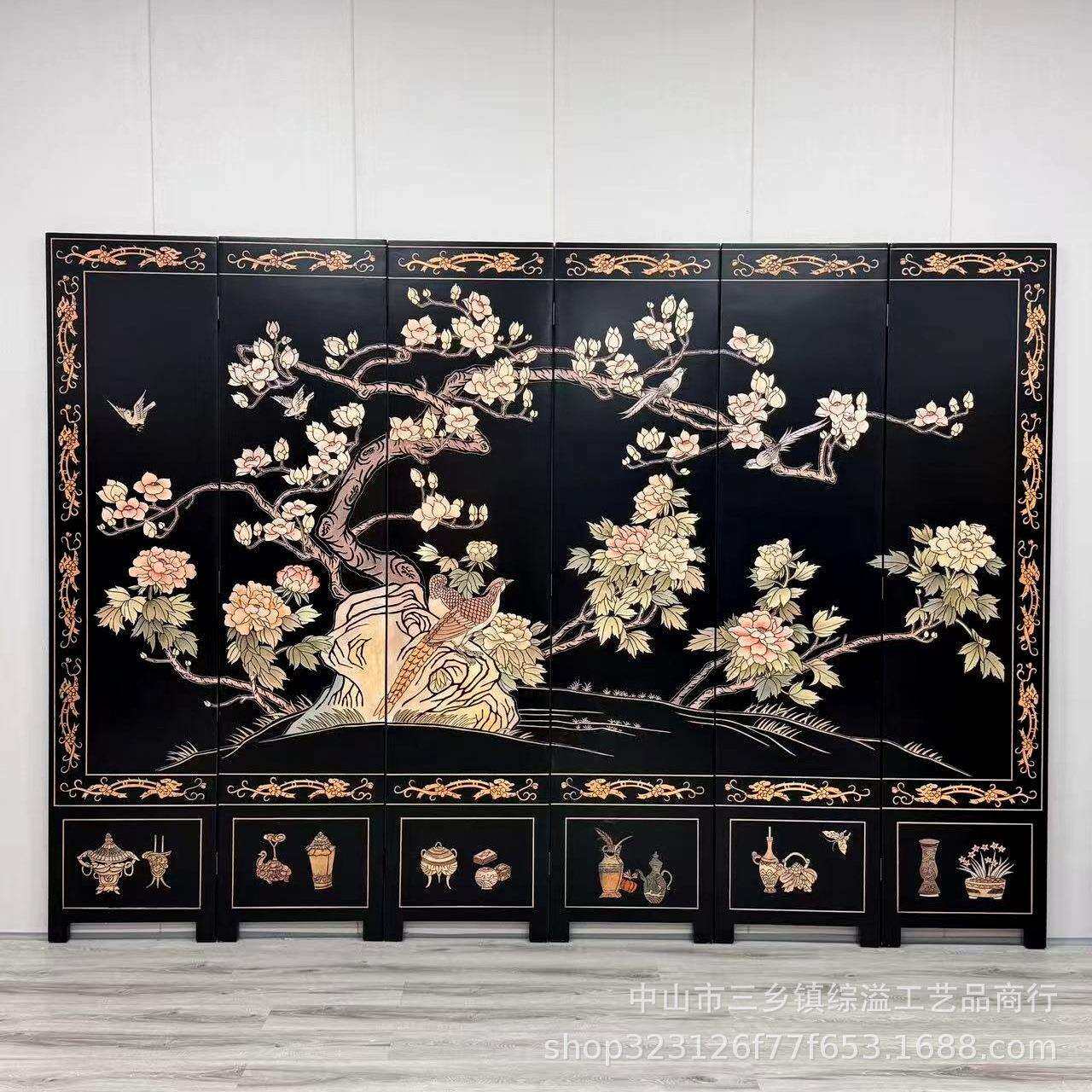 高端黑色手绘花鸟屏风隔断奢华入户玄关欧美风格客厅装饰现货现卖