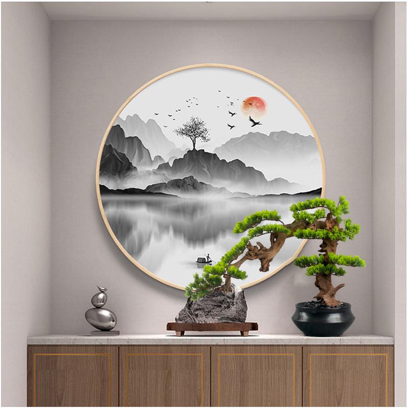 新中式仿真禅意迎客松枯山水盆景摆件实木招财客厅玄关样板房饰品