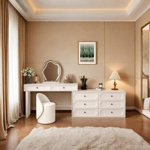 法式奶油风烤漆梳妆台卧室收纳柜一体实木化妆桌轻奢高级感主卧