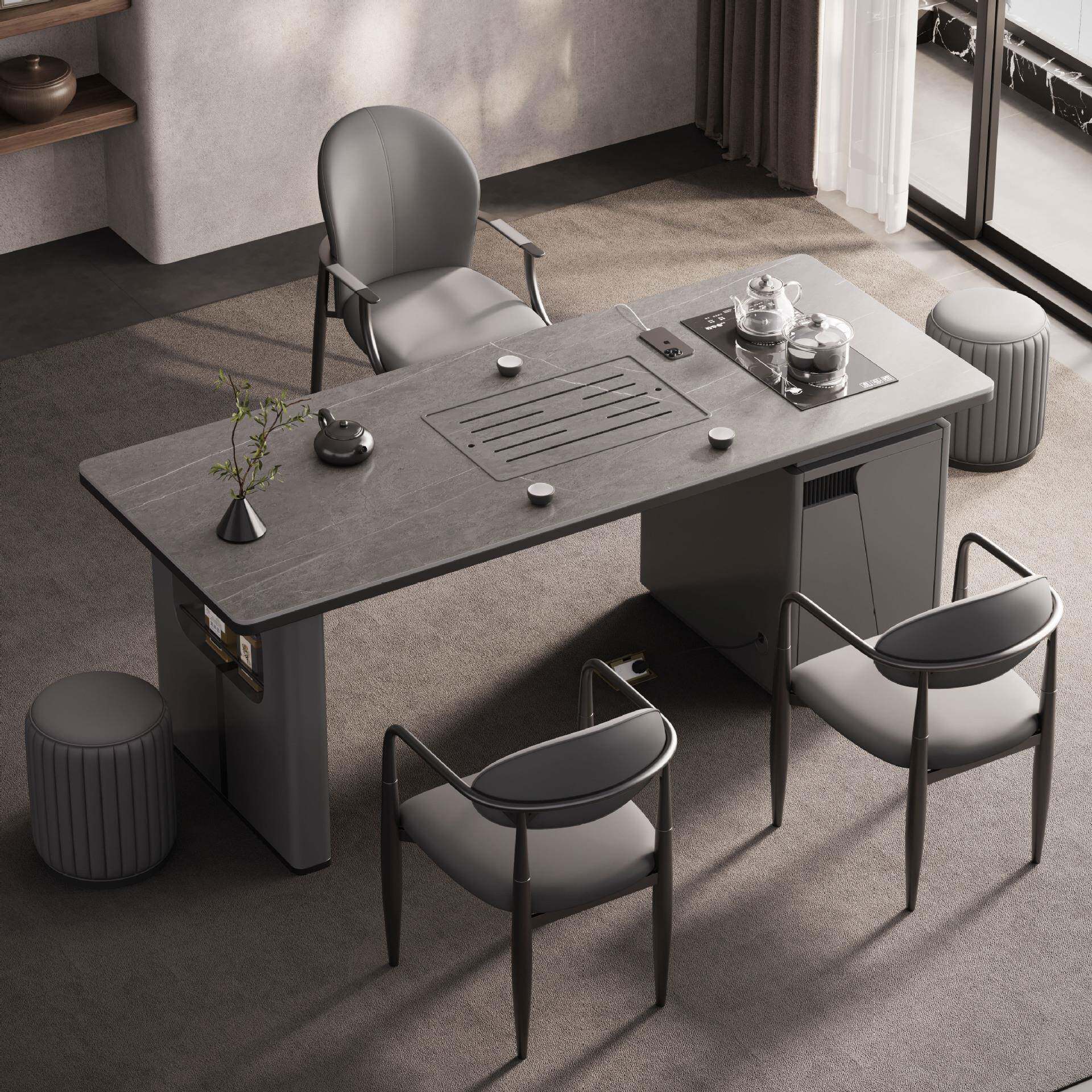 意式风岩板茶桌现代简约轻奢茶台客厅家用办公室泡茶桌椅组合一体