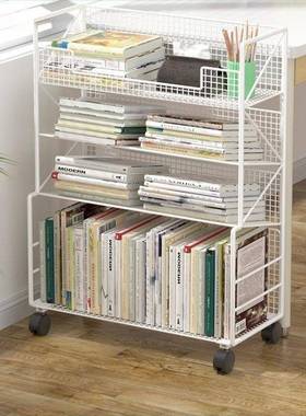 桌面小书架落地简易书桌旁置物架课桌边可移动带轮书本收纳书柜子