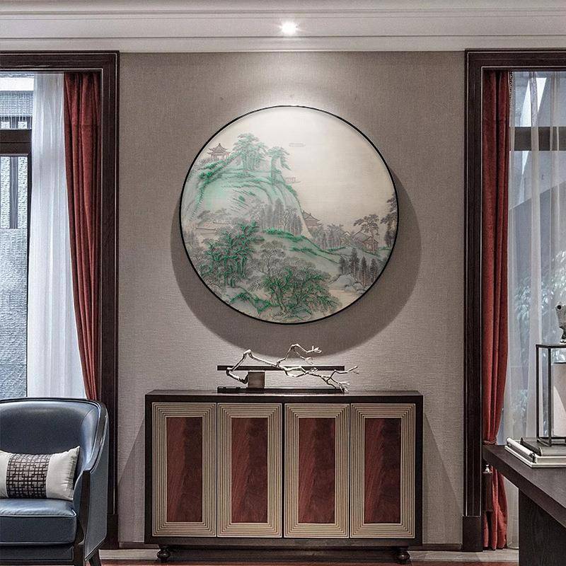 新中式圆形钉子画山水玄关手工实物画客厅样板间卧室书房装饰画
