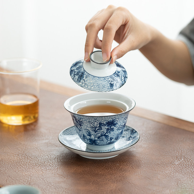 青花万福三才盖碗单个陶瓷茶具