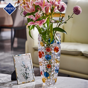 捷克进口水晶花瓶摆件 客厅插花北欧创意简约玻璃透明干花大轻奢