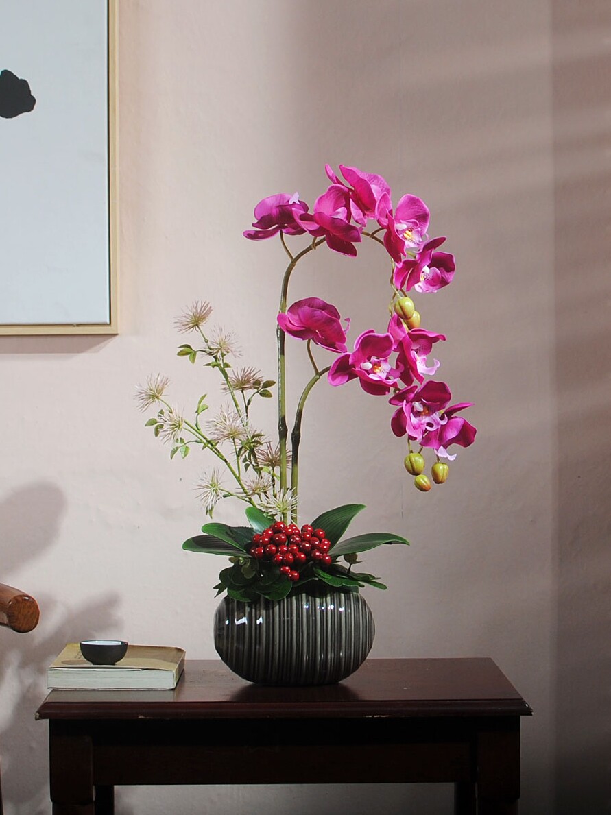 假花花客厅餐桌上的插花摆设蝴蝶兰花艺摆件家居饰品装饰绢花