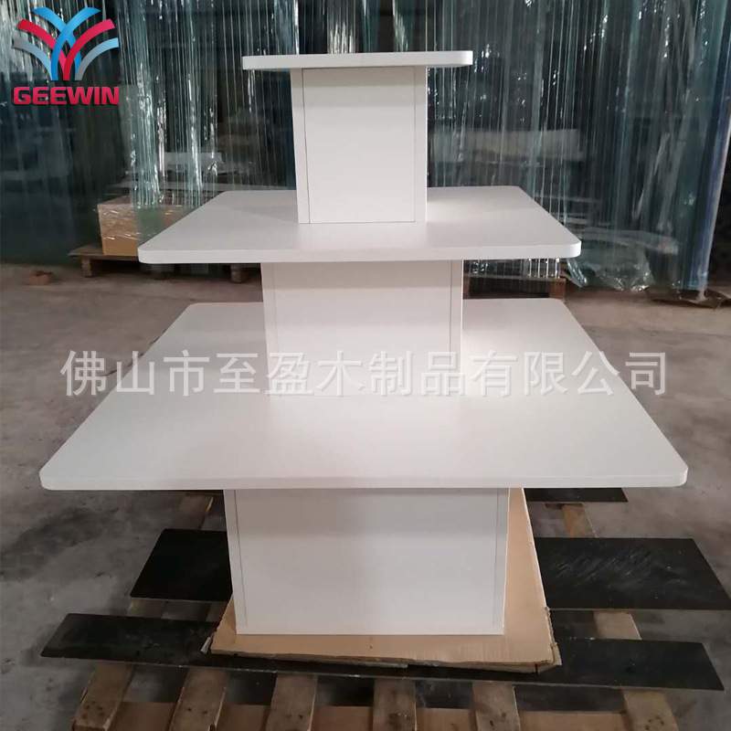 热销白色商超促销台 优质木制中纤板三层促销台商品展示供应