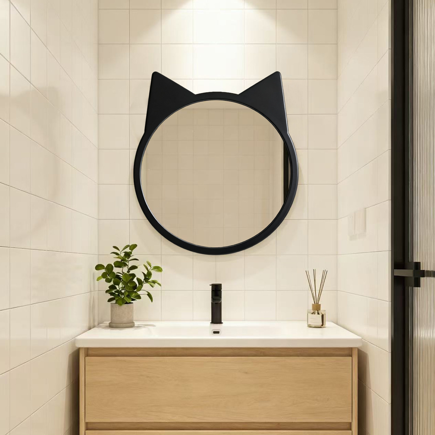 法式ins可爱造型猫耳朵圆形化妆镜浴室壁挂洗漱镜黑色边框卫浴镜