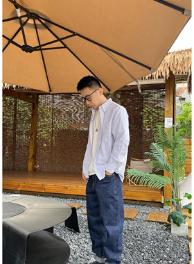 GETY 日系工装牛津纺做旧洗水落肩衬衣男女式长袖衬衫男百搭宽松