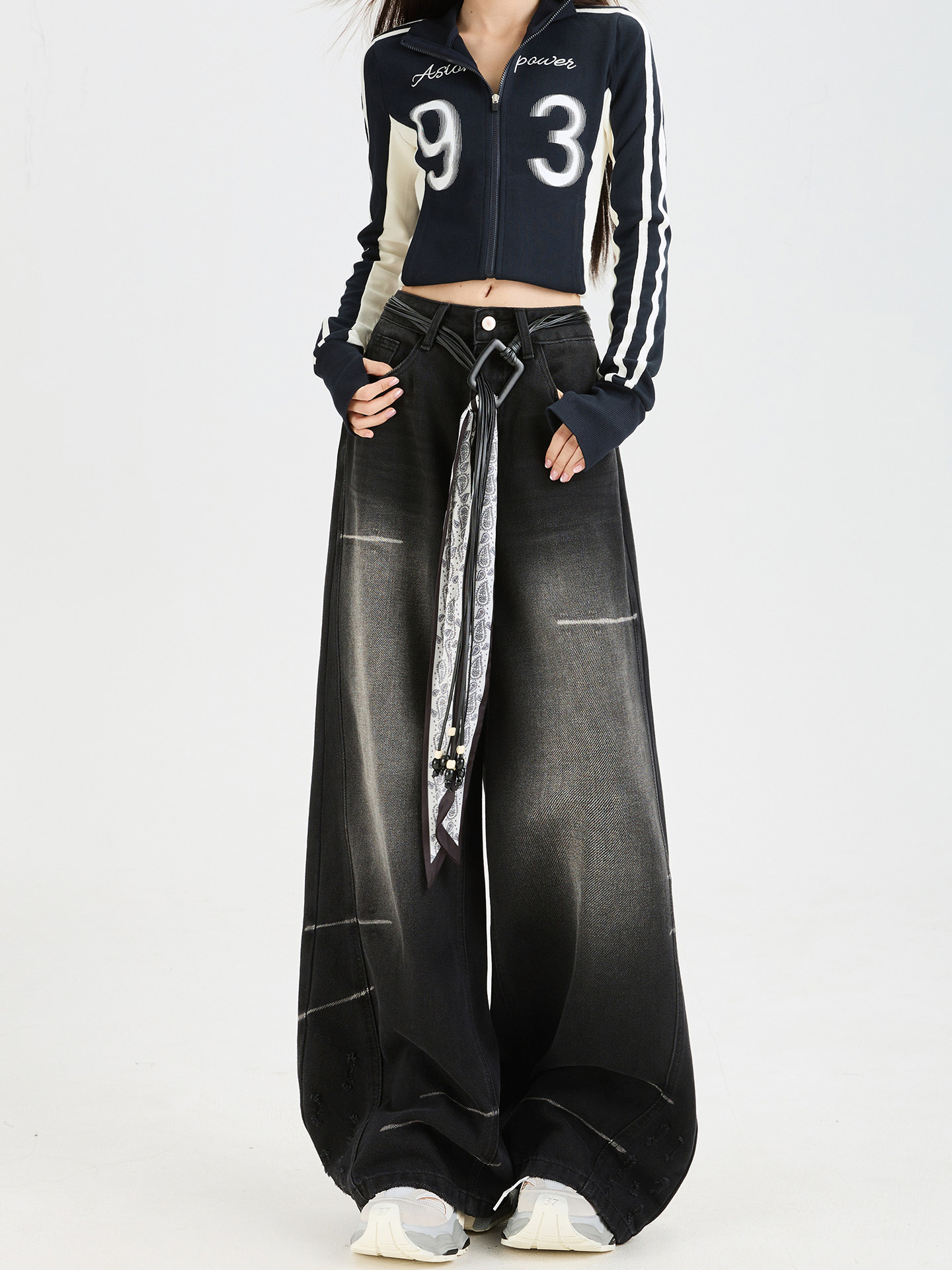 Black Wide Leg Denim Pants for Women, Winter Fleece Lined, 2025 New American High Street Style, Petite, Workwear, Loose Straight Trousers