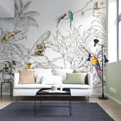 法式轻奢热带雨林动植物壁纸黑白色调线条壁画客厅餐厅墙纸壁布