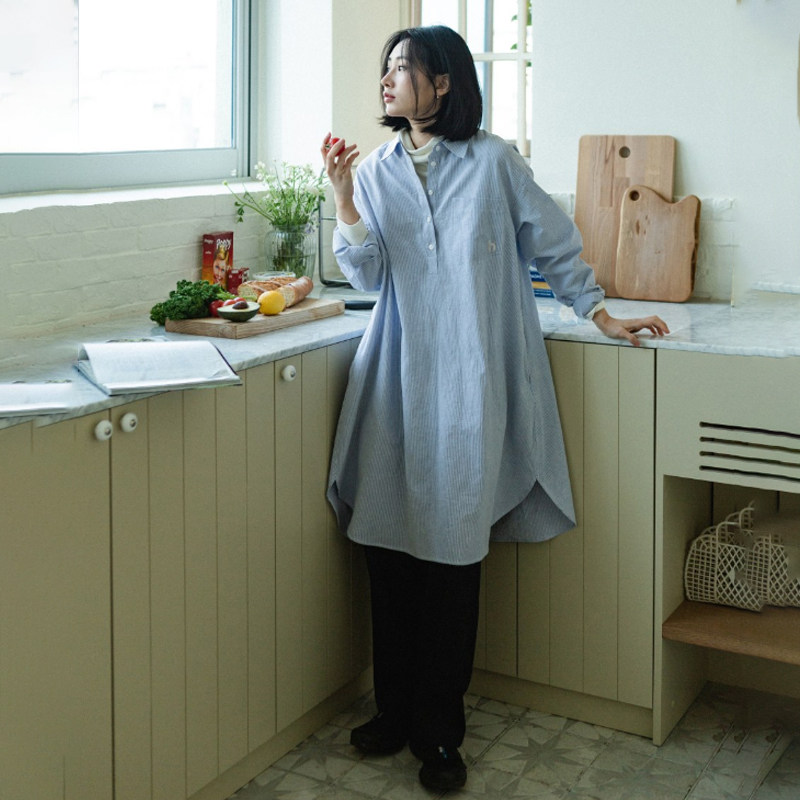 OAIW日系中性连衣裙休闲女春夏气质宽松长袖衬衫裙女设计感小众