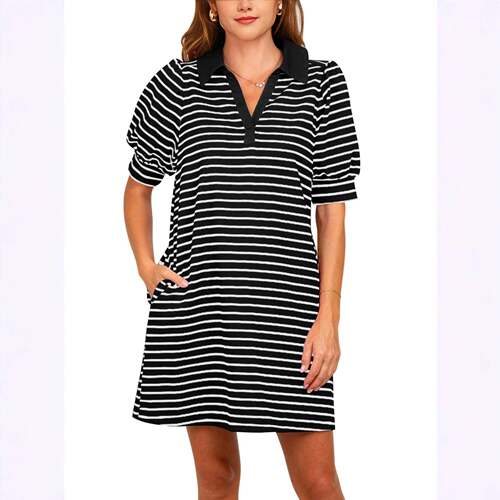 Women's Summer Lapel Collared V Neck Striped Dress Casual