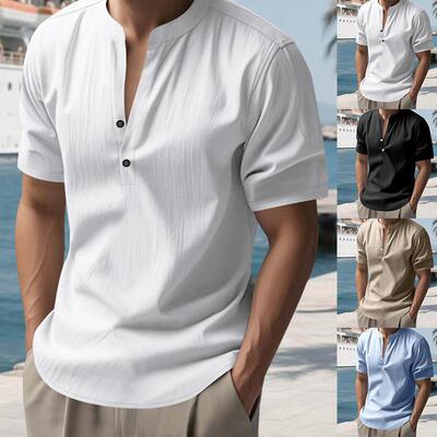 Men summer linen sleeve crew neck V notch buttons Casual