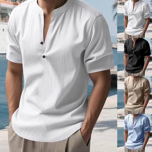 Men summer linen sleeve crew neck V notch buttons Casual