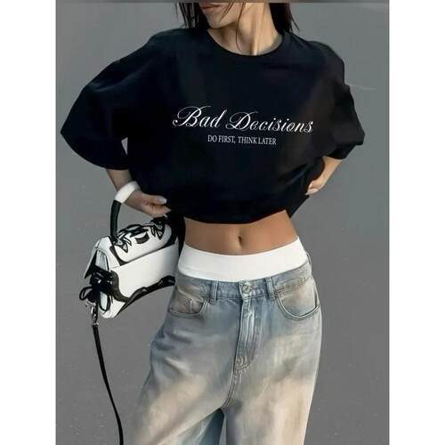Two-Piece Set Women's Letter Print Tee & Skinny Shorts