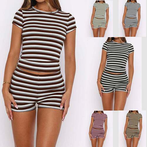 Women's Summer Olive Striped Chic Slim Fit Two-Piece Top