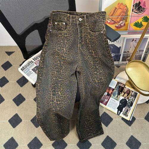 Women's Baggy Barrel Horseshoe Jeans Leopard Wide Leg